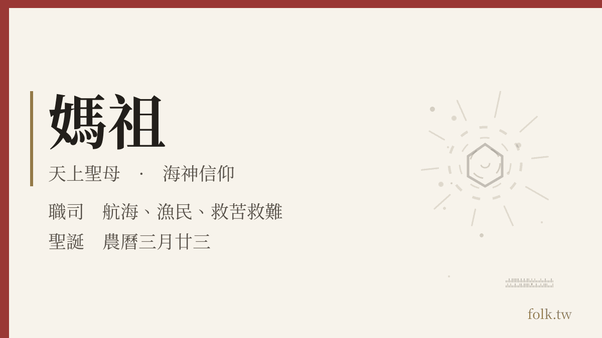 媽祖神明資料卡,示例呈現神名、職司與聖誕日期
