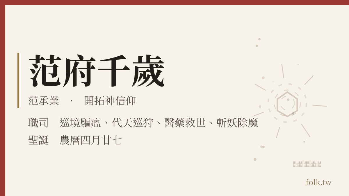范府千歲資料卡：開拓神信仰，職司巡境驅瘟、代天巡狩、醫藥救世、斬妖除魔